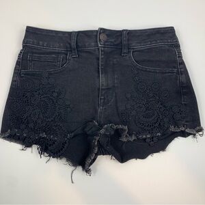 American Eagle Women's Super Stretch Hi-Rise Shortie Black Distressed Lace 4